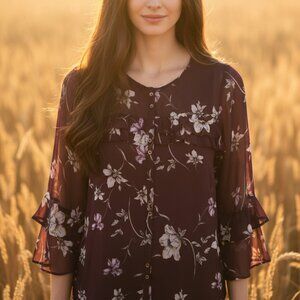 LC Lauren Conrad M Top Womens Purple Floral Ruffle Cottage Boho Cowgirl Coquette